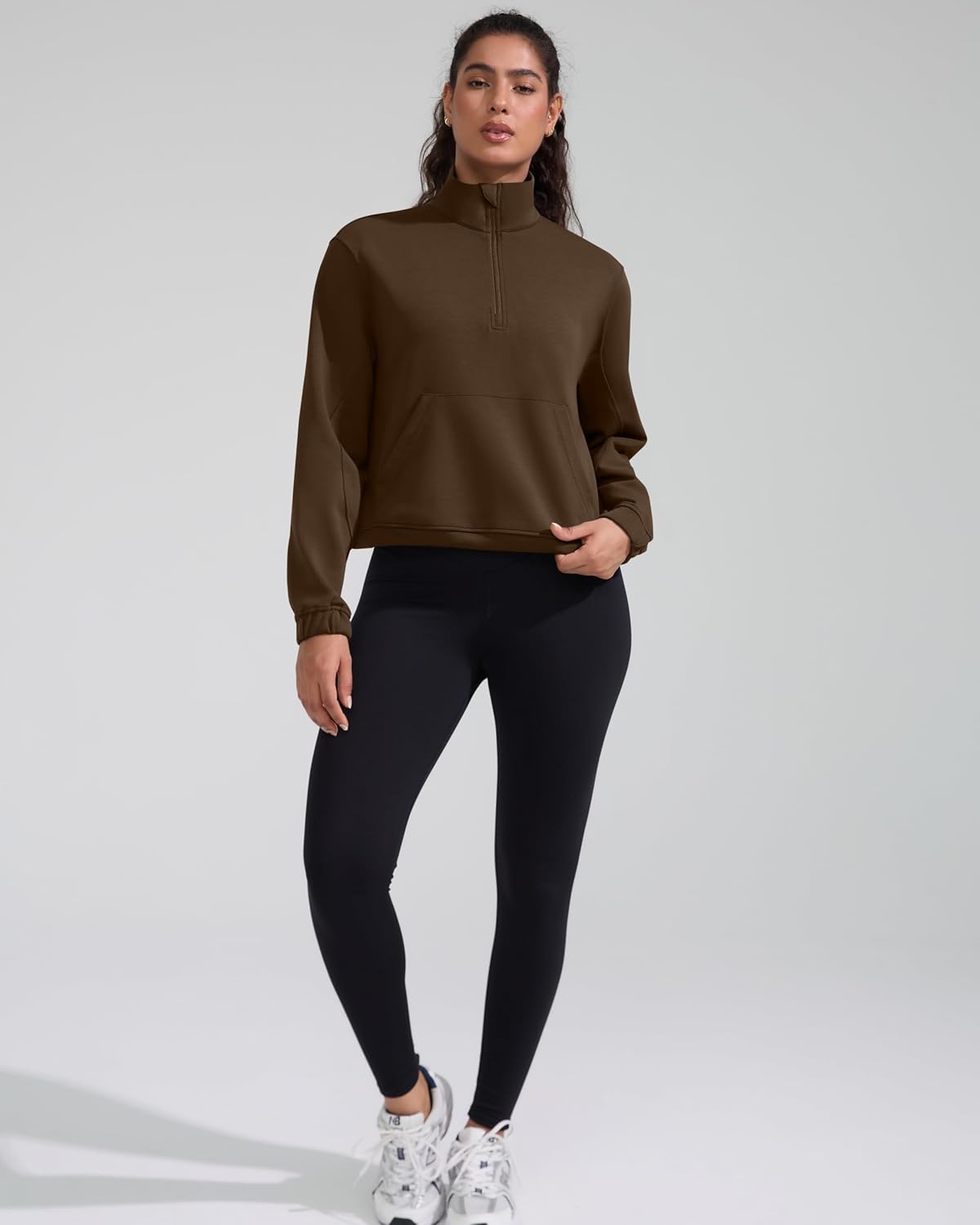 Cropped Sweatshirt for Women Workout Tops Soft Pullover Half Zip Long Sleeve with Drawstring Pockets Casual - Image 6