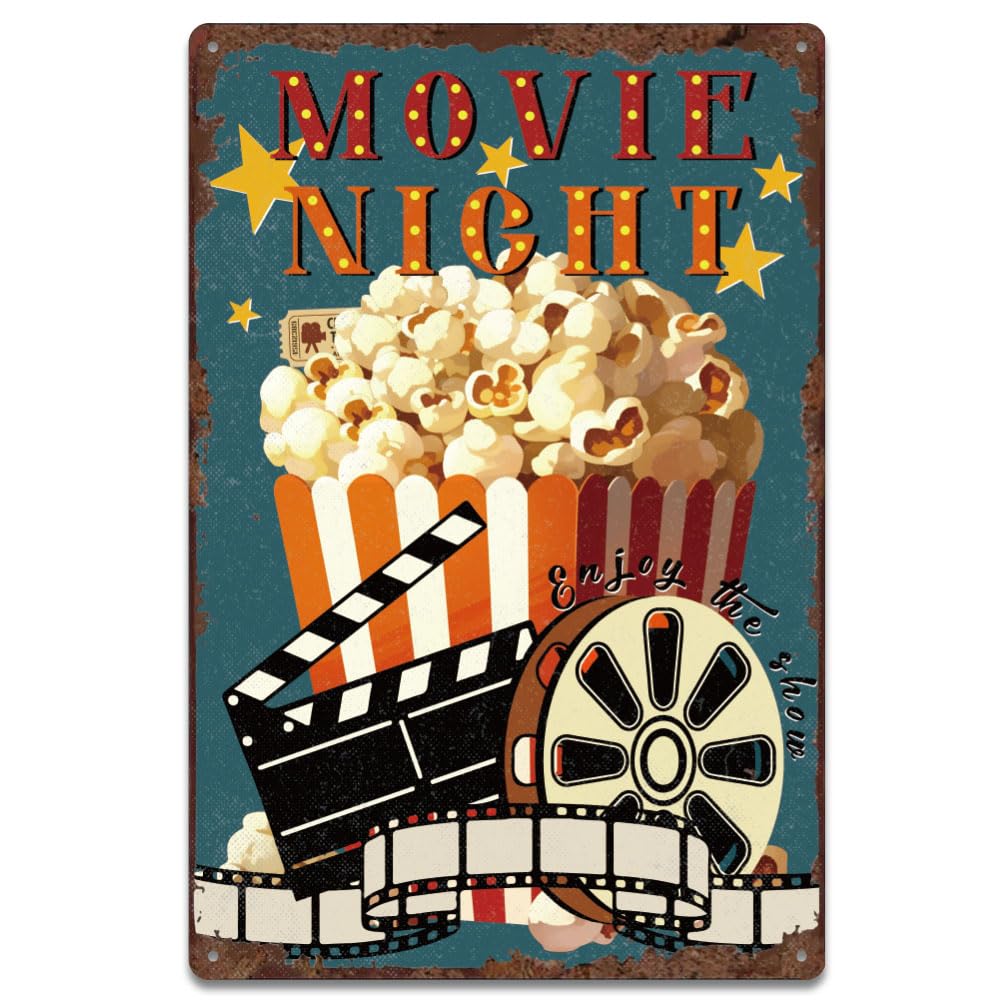 SUPERDANT Movie Popcorn Metal Signs Movie Nigh Tin Signs Plaque Vintage Decort Man Cave Metal Sign Decorative for Home Cinema Theater Viewing Room Pubs Club Wall Art Gifts 20x30CM