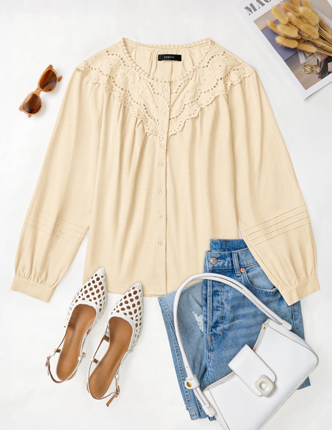 ZESICA 2026 Spring Summer Long Puff Sleeve Babydoll Tops for Women Lace Crochet Button Down Boho Victorian Shirts - Image 7