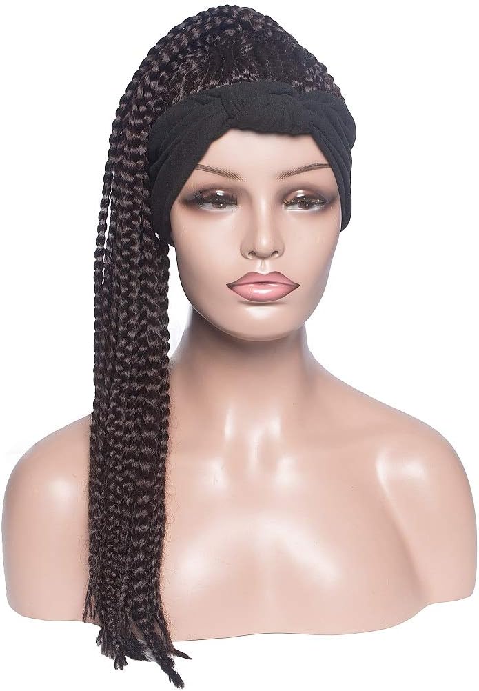 KXW Headband Wig, Braided Wigs for Black Women, Box Braid Wig, Ponytail Wig 2 in 1 Dreadlock Wigs with Turban Headband Attached Headwrap Synthetic (3 Colors)