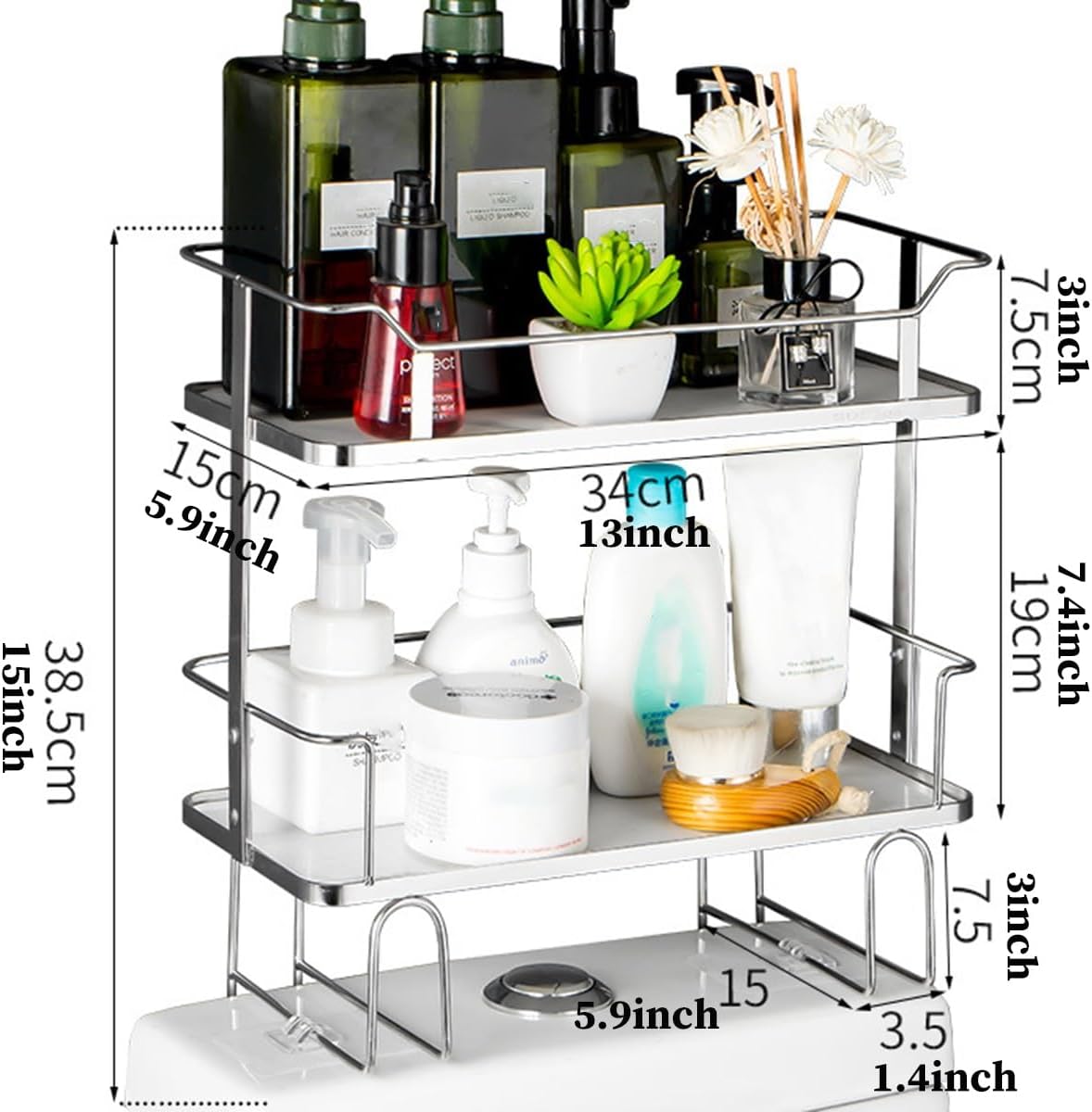 Bathroom Over The Toilet Storage Shelf, Silver Bathroom Organizer Over Toilet, Above Toilet Storage With Non-Trace Adhesive, Over Toilet Organizer For Restroom Laundry ( Color : /Silver , Size : 2-Ti