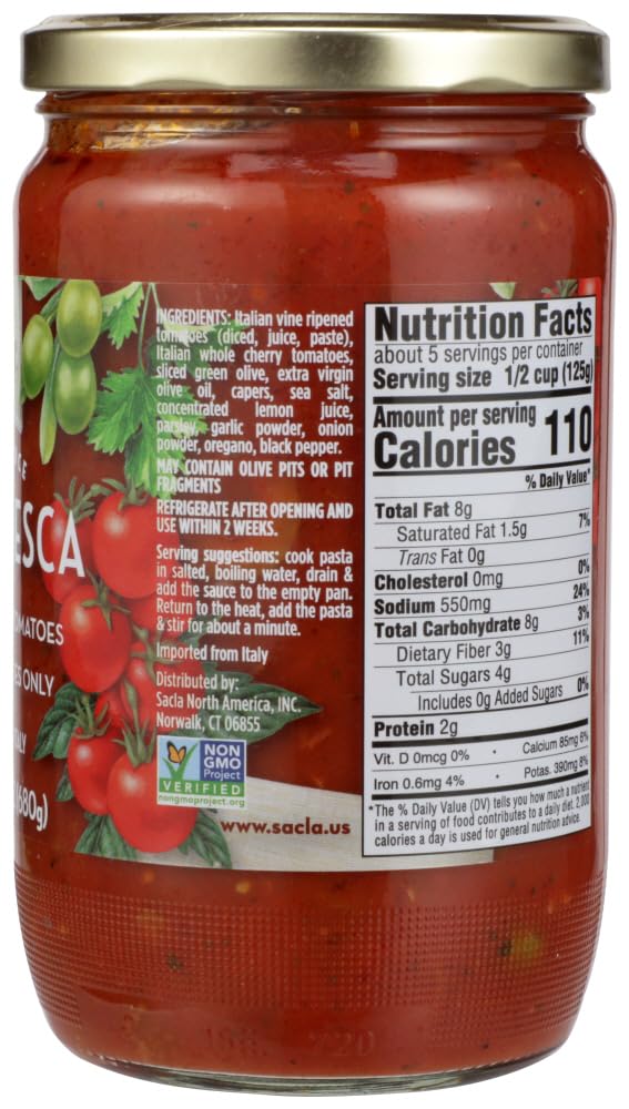 Puttanesca Pasta Sauce, Whole Cherry Italian Tomatoes, Imported From Italy, Net Wt 23.6 OZ (680g), PACK OF 4