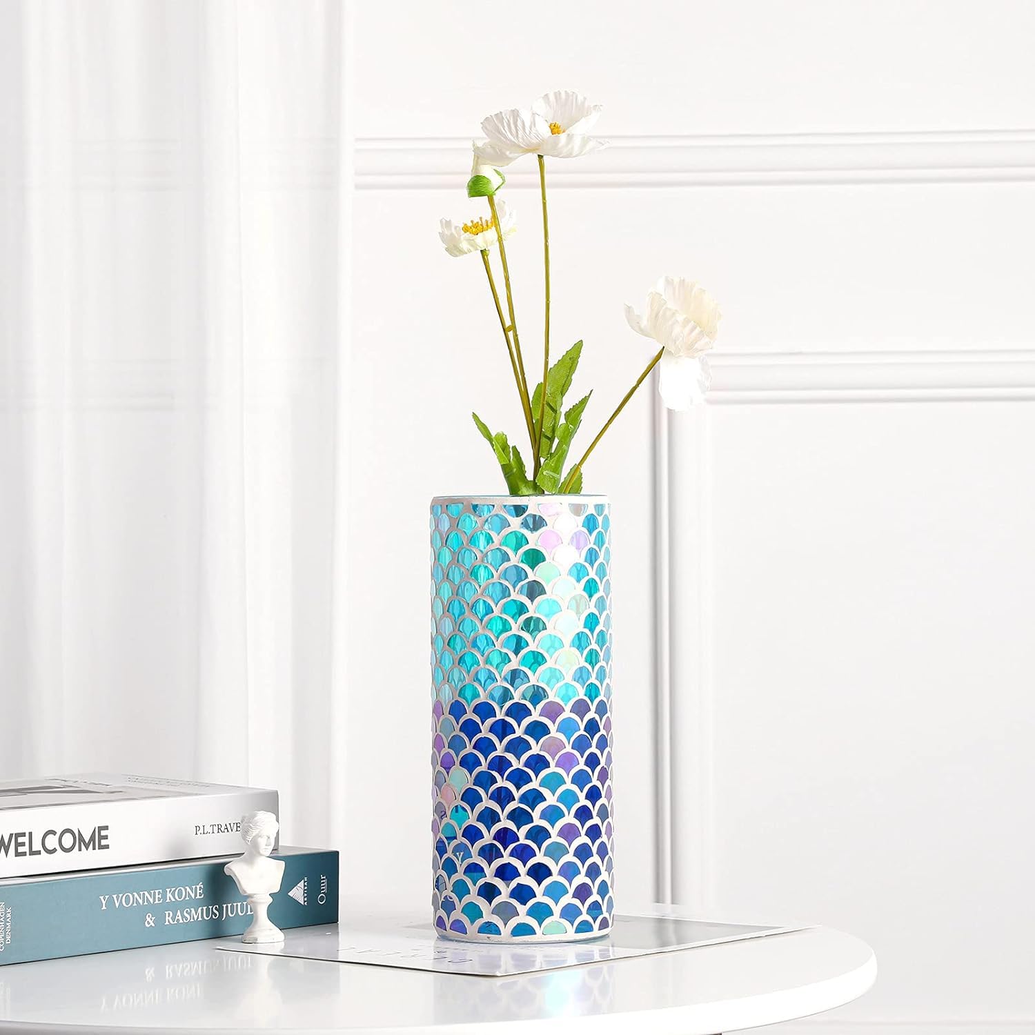 SPHINX Glass Vase, Rainbow/Mermaid Mosaic - Hand Blown Art Cylinder for Flowers Plants Home Décor, Office Living Table Decorations, Vases for Home Decor, Modern Glass 24.5cm-image-6