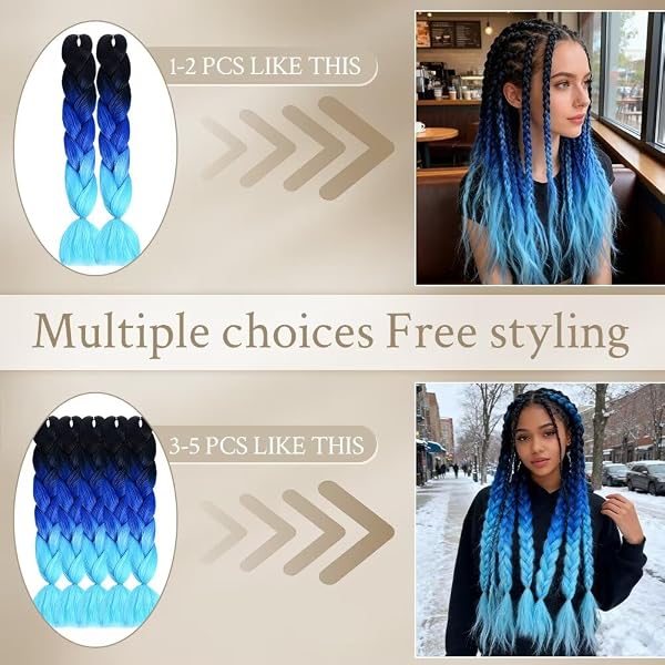 ShowJarlly Kunsthaar Haar, Haar Braids Extension, Ombre Jumbo Haarverlängerung 24", Zöpfe Box Braid Kunsthaar Zum Einflechten Schwarz/Königsblau/Himmelblau# - 4
