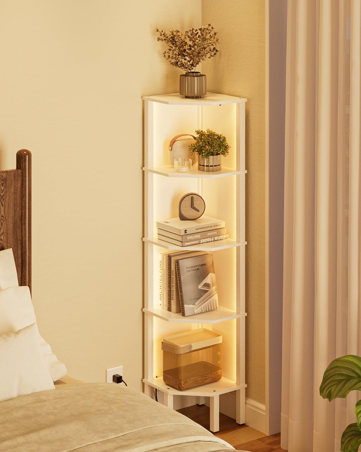 Scaffale angolare a LED con illuminazione, 5 ripiani, libreria angolare, scaffale per piante, per soggiorno, ufficio, camera da letto, 127 x 29 x 29 cm, bianco