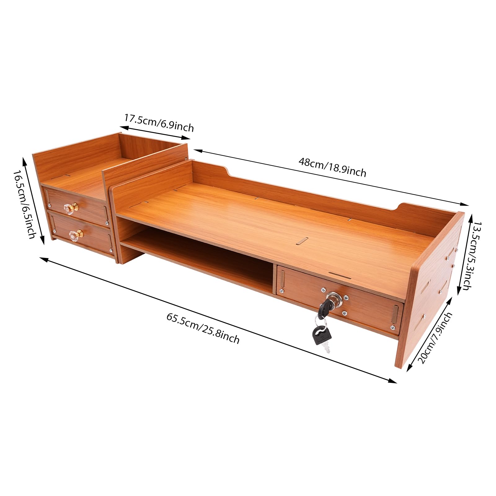 Supporto per monitor con 3 cassetti e scomparto per chiavi, organizer da scrivania in MDF, 65,5 cm, altezza regolabile per ufficio/casa, effetto legno, con supporto per cellulare e chiavi