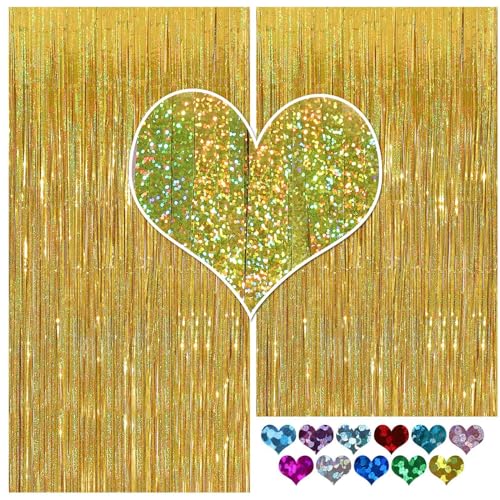 Image of CYLMFC Gold Fringe Curtain - 2 Packs 3ftx8ft Sparkle Metallic Party Backdrop Curtain Photo Booth Props Birthday Decorations Gold Birthday Backdrop