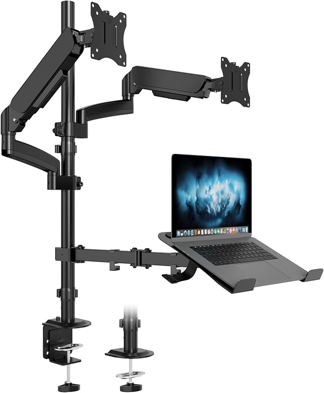 Dual Monitor and Laptop Mount Stand, Fits 32" Screens & 17" Laptops | 19.8 lbs per Arm,Fits 10-17" Laptops,Extra Long Pole,Full Motion & Height Adjustable, C-clamp Desk Mounting