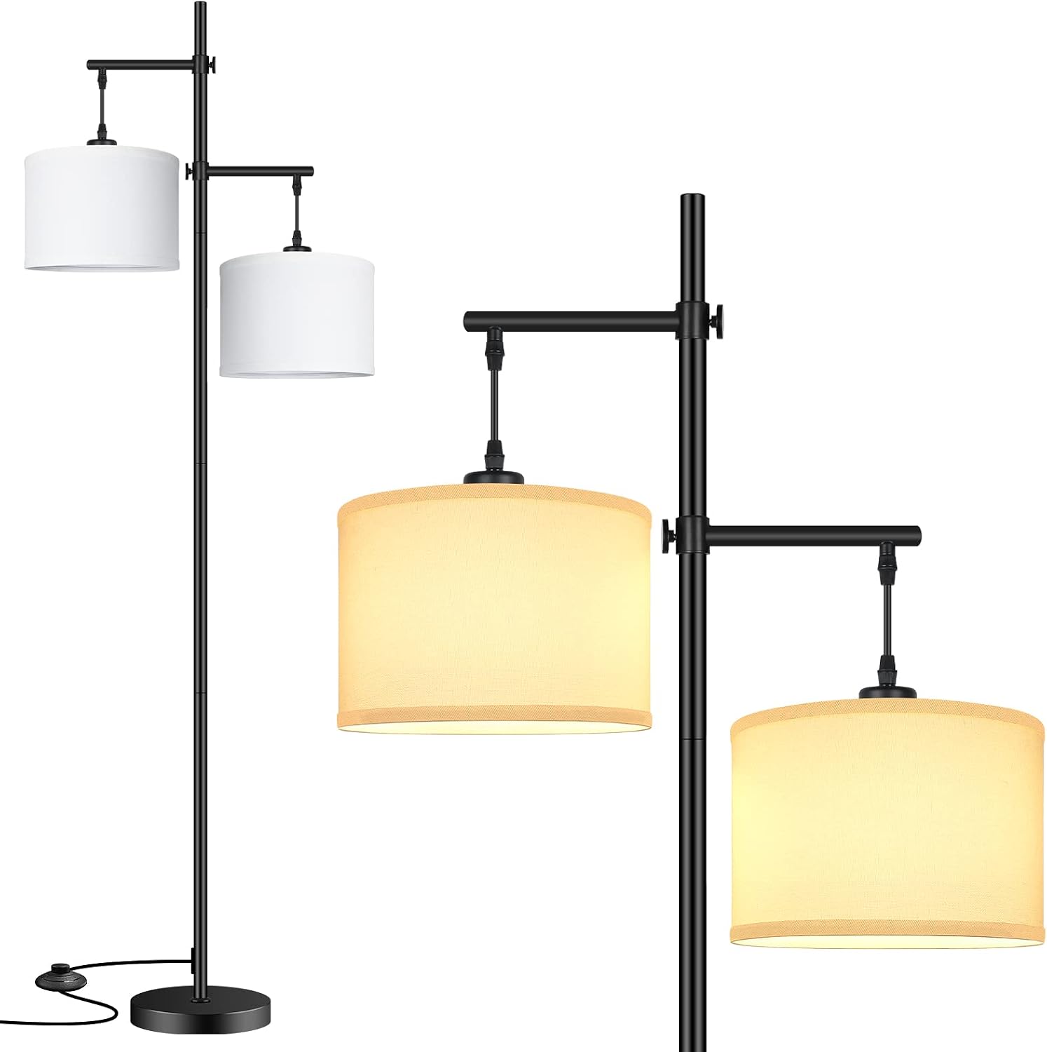 Modern Farmhouse Floor Lamp for Living Room, 2-Light 69.3in Tall Standing Lamp for Bedroom Office, Black Industrial Pole Light Reading Lamp, Stand Up Lights with White Fabric Shades & Foot Switch