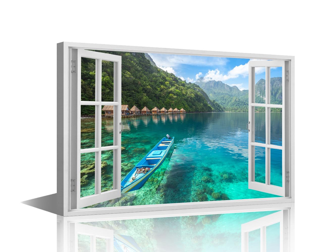 TISHIRON Island Canvas Prints 3D Fake Windows Painting Pictures for Living Room Landscape Modern Canvas Wall Art Framed Ocean House Decoration for Bedroom Bathroom Office Ready to Hang - 36x24in