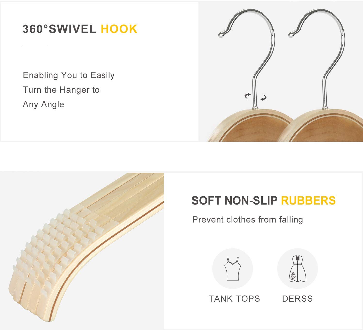 TOPIA HANGER Grucce sottili in legno naturale, confezione da 18 pezzi, con impugnature in gomma extra morbida, alla moda di alta qualità, antiscivolo e grinze, per canottiere, maglioni, giacche,