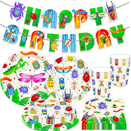 JeVenis Decoraciones de Fiesta de cumpleaños de Insectos Platos y servilletas para Fiestas de Insectos Decoraciones de Fiesta de cumpleaños de jardín Banner de cumpleaños de Mariquita Oruga