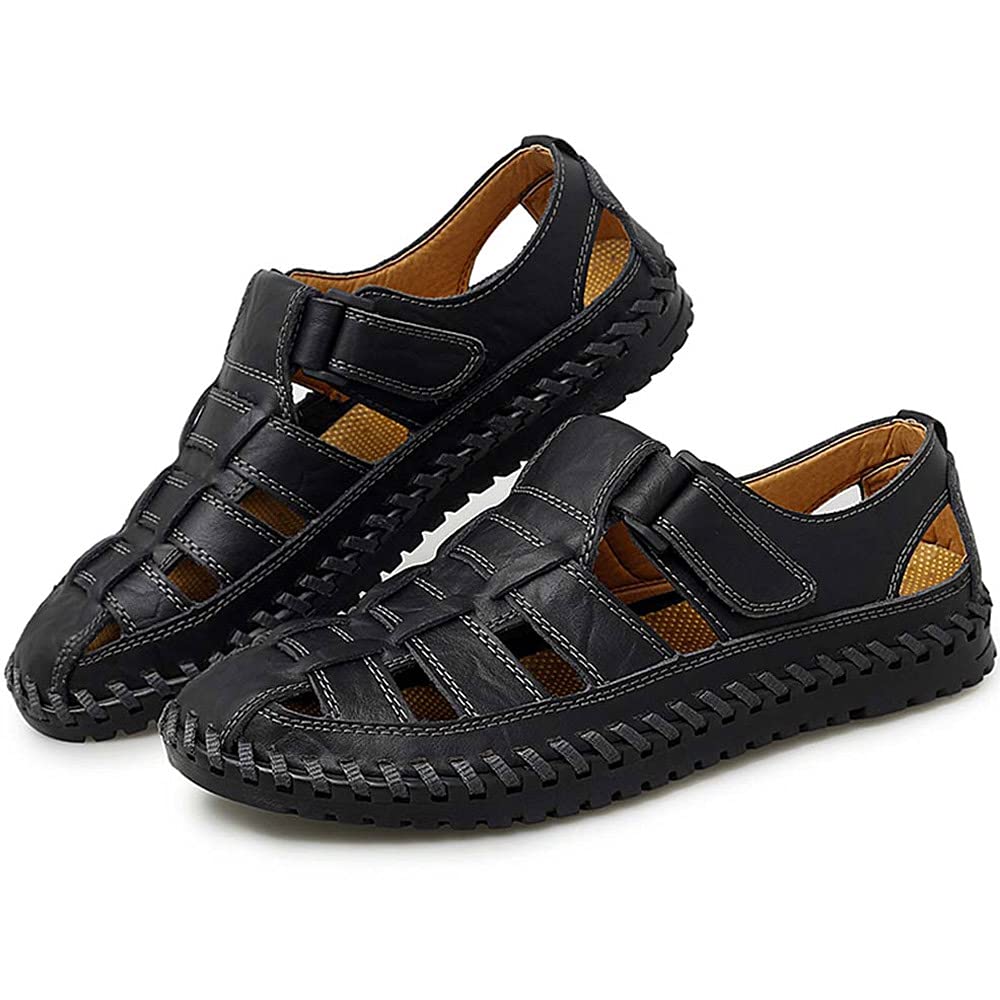 Bitiger Mens Closed Toe Leather Sandals Outdoor Adjustable Fisherman Sandals