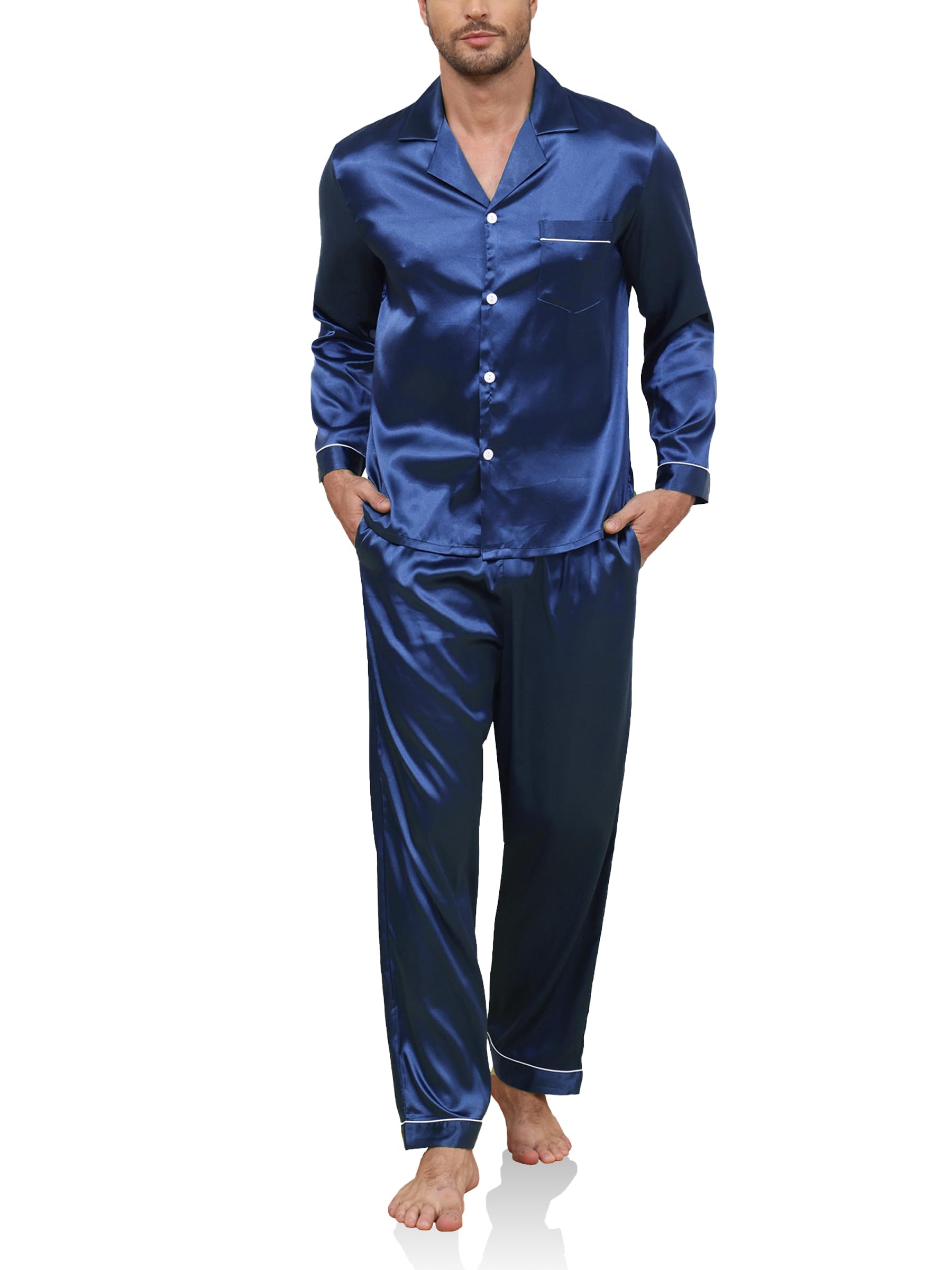 Reliwel Men's Sea Blue Silk Pyjamas Two Pieces Pyjamas For Button Down Sleepwear Notch Collar Loungewear Breathable Nightwear Pjs Navy L