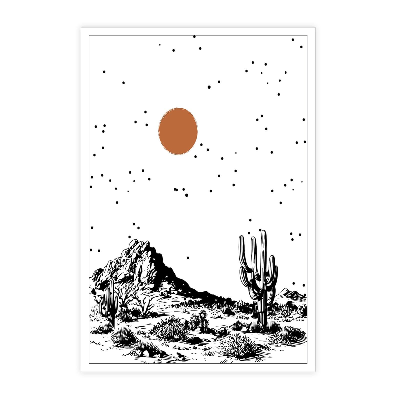 Vintage Western Desert Poster Black And White Minimalist Landscape Canvas Wall Art Middle Ages Cactus Plants And Mountain Prints Painting For Home