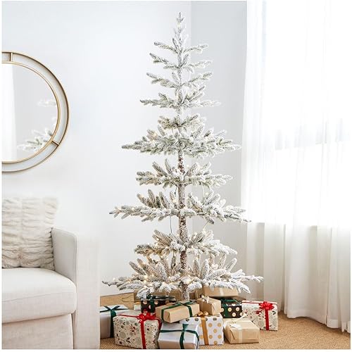 Glitzhome Árbol de Navidad artificial de pino flocado de lujo de 6 pies con 300 luces blancas cálidas para decoración del hogar y fiesta de Navidad