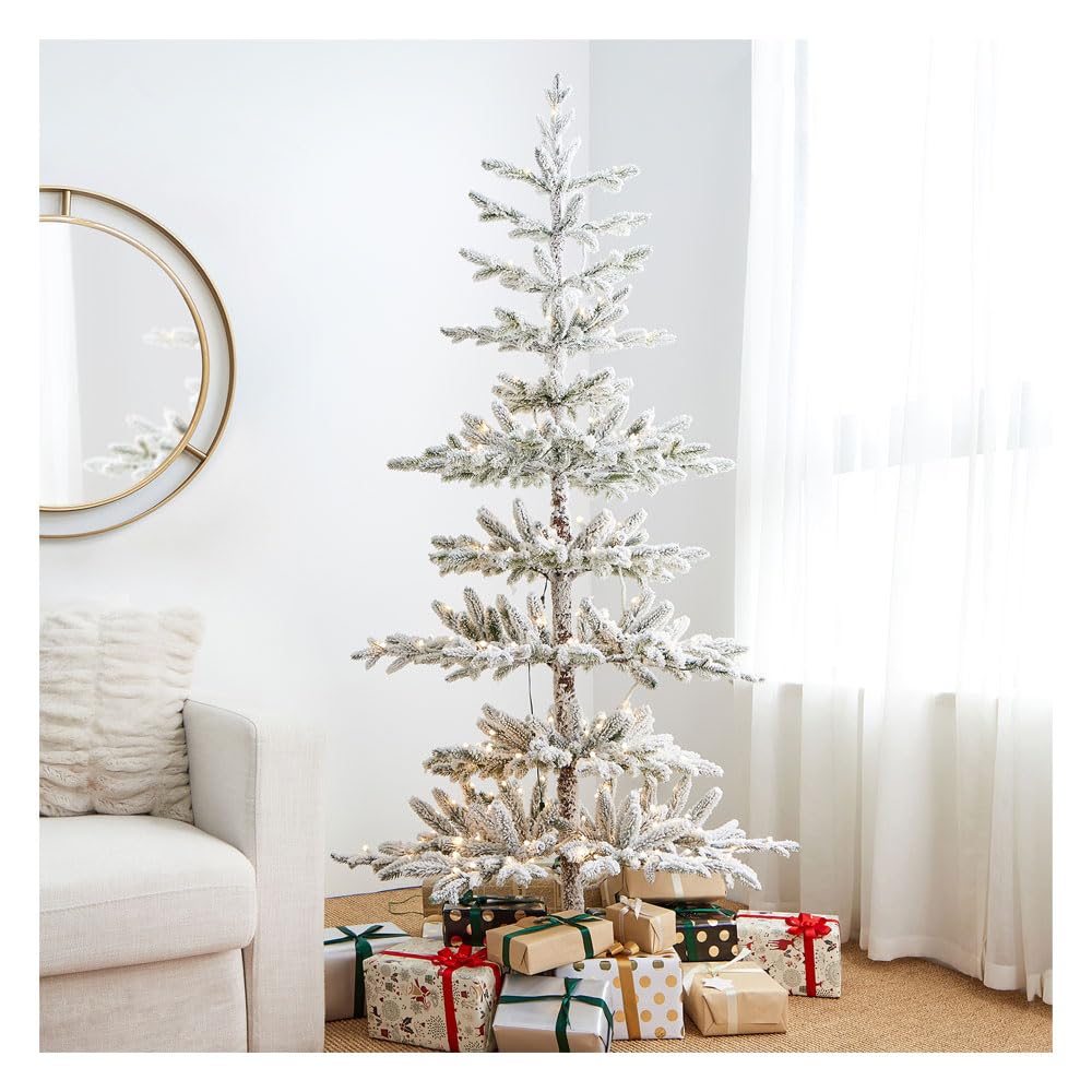 Glitzhome 6ft Deluxe Pre-Lit Flocked Pine Artificial Christmas Tree,Serene Snowscape Fir Tree with 300 Warm White Lights for Xmas Party Home Decor