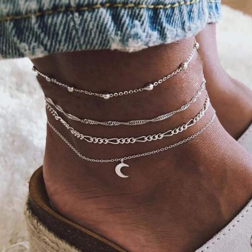 4 Pcs Thin Anklet Bracelets Set for Women Fashion Girls Layered Silver Anklet Bracelets with Moon Pendant Boho Ankle Necklace Chain Beach Foot Hand Jewelry Gift for Girls