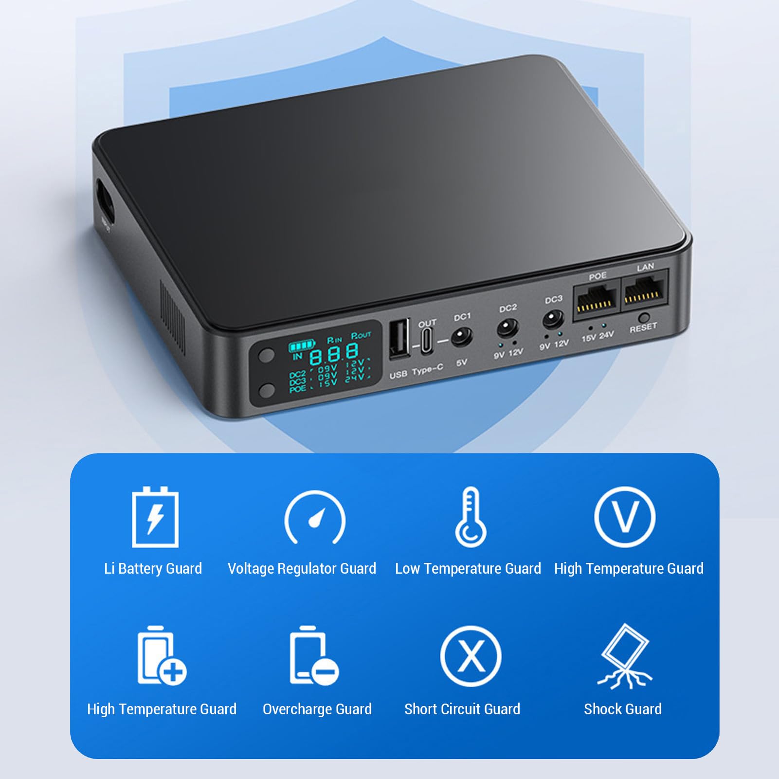 Fockety Backup della Batteria de 18000Mah Mini UPS, 5 Prese di Backup Dell'Alimentazione Batteria con Uscita Multi -tensione DC 5V 9V 12V, per Router WiFi, Telecamera di Sicurezza (Spina europea)