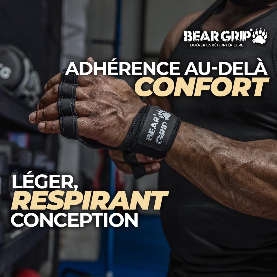 Bear Grip Gants d'entraînement Ouverts pour Crossfit, Musculation et haltérophilie, Gants de Gym rembourrés pour Hommes et Femmes – Accessoires de Fitness, Sport et haltérophilie