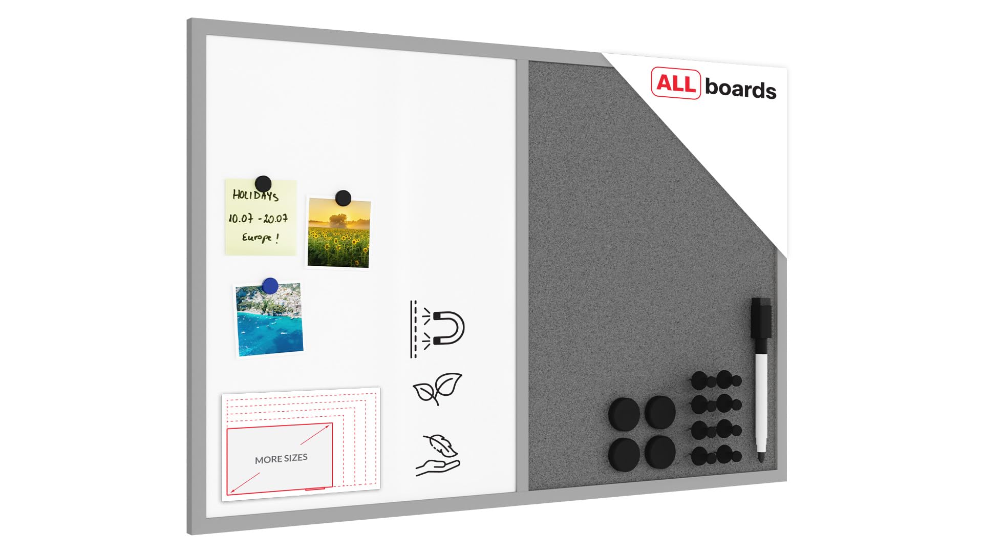 ALLboards Whiteboard and Grey Cork Combo Board in a Grey Wooden Frame 90x60cm — image 1