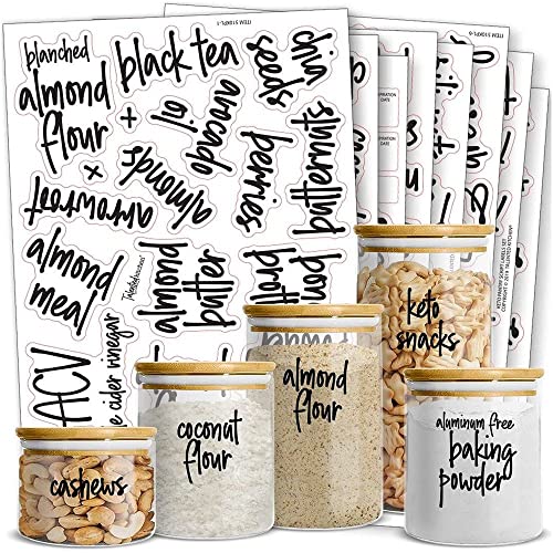 Talented Kitchen 170 Keto Pantry Labels â€“ 170 Script Labels, Keto Diet Ingredients â€“ Pantry Food Jar Stickers. Water Resistant, Jar Decal Pantry Organization Storage (Set of 170 â€“ Script Keto Pantry)
