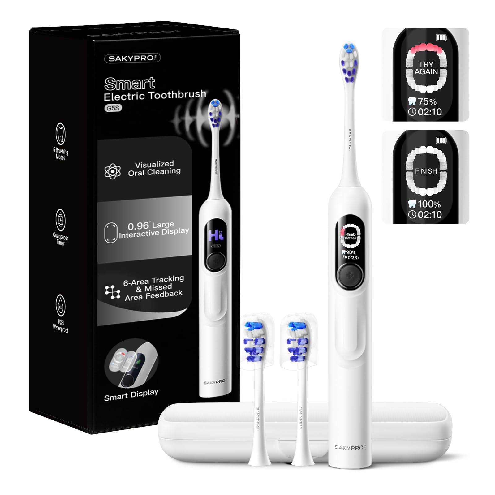 SAKYPRORAL Electric Toothbrush with AI Smart Screen for Adults Kids | 150-Day Battery, Real-Time Brushing Map | Whitening Mode, 3-Min Timer, Travel Case | Family Sonic Electric Tooth Brush (G5S White)