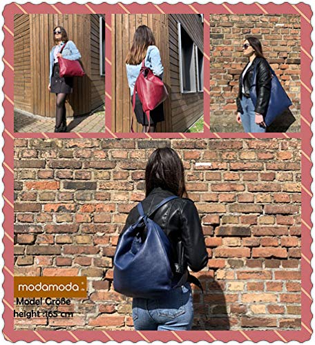 modamoda de T192 Damen Leder Rucksack Schultertasche 2in1 handmade in Italy, Farbe:Schwarz