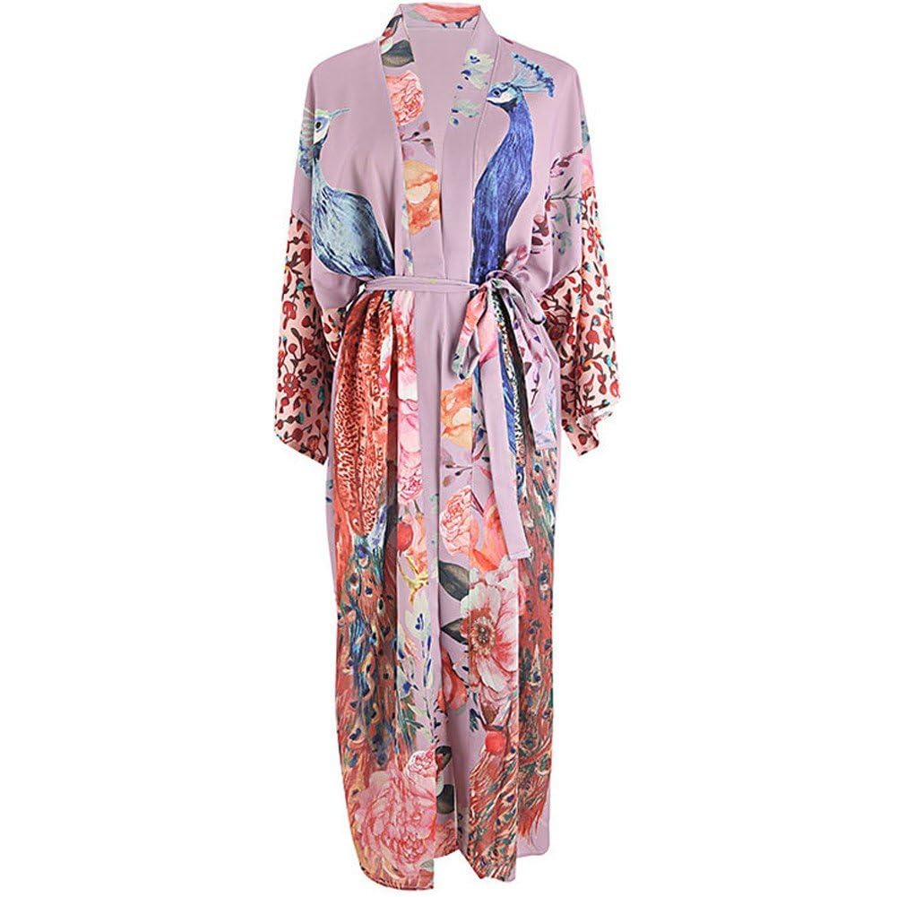 Luxylei Women's Dressing Gown Long Satin Summer Robes, Pattern Bathrobe Kimono, Cardigan Women's Long Robe Sleeping Gown