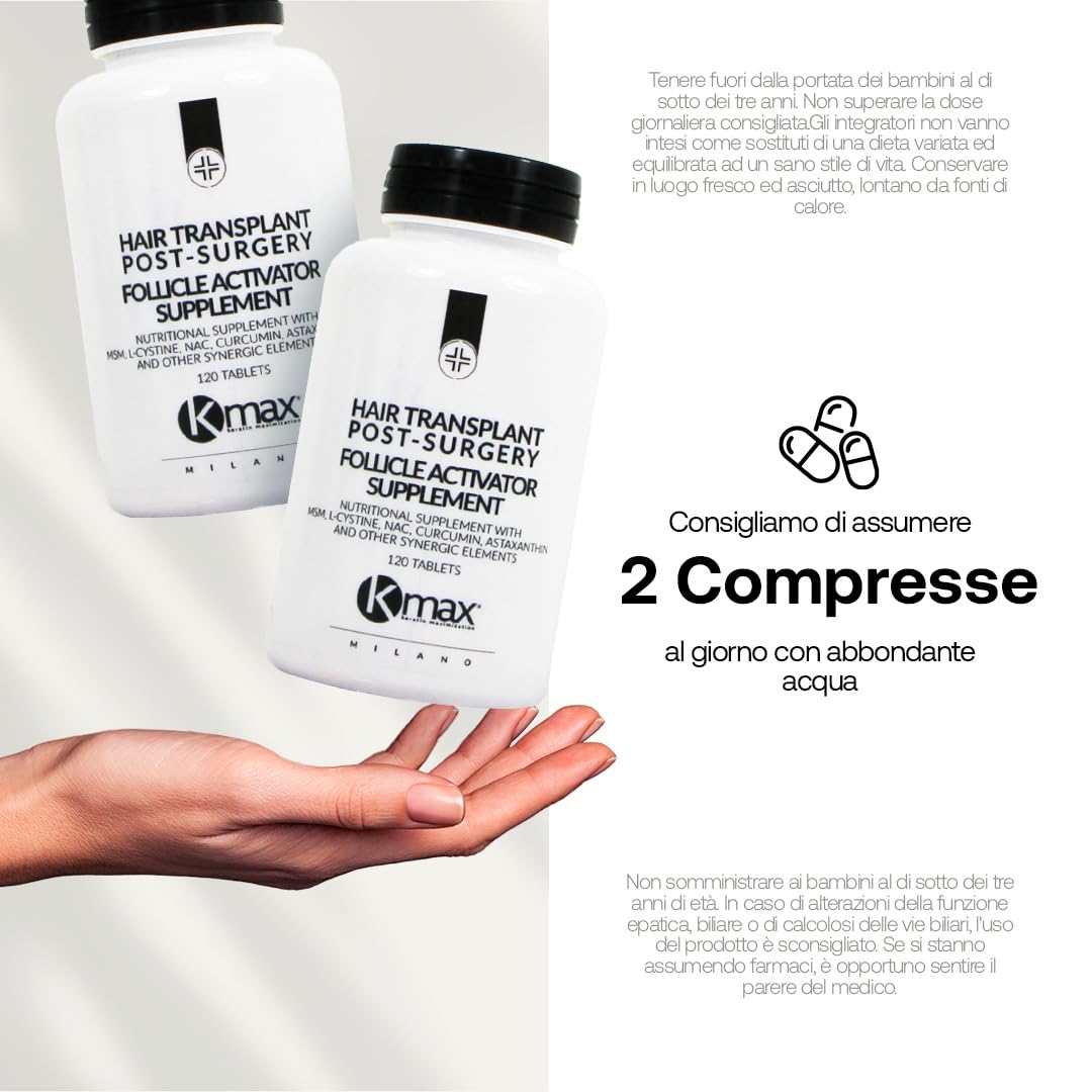 Kmax Healing Hair Transplant Post Surgery Follicle activator Supplement - Integratore Capelli, Ricrescita Capelli Dopo Trapianto, Funzione Anticaduta Capelli Donna e Uomo - Formato da 120 Compresse
