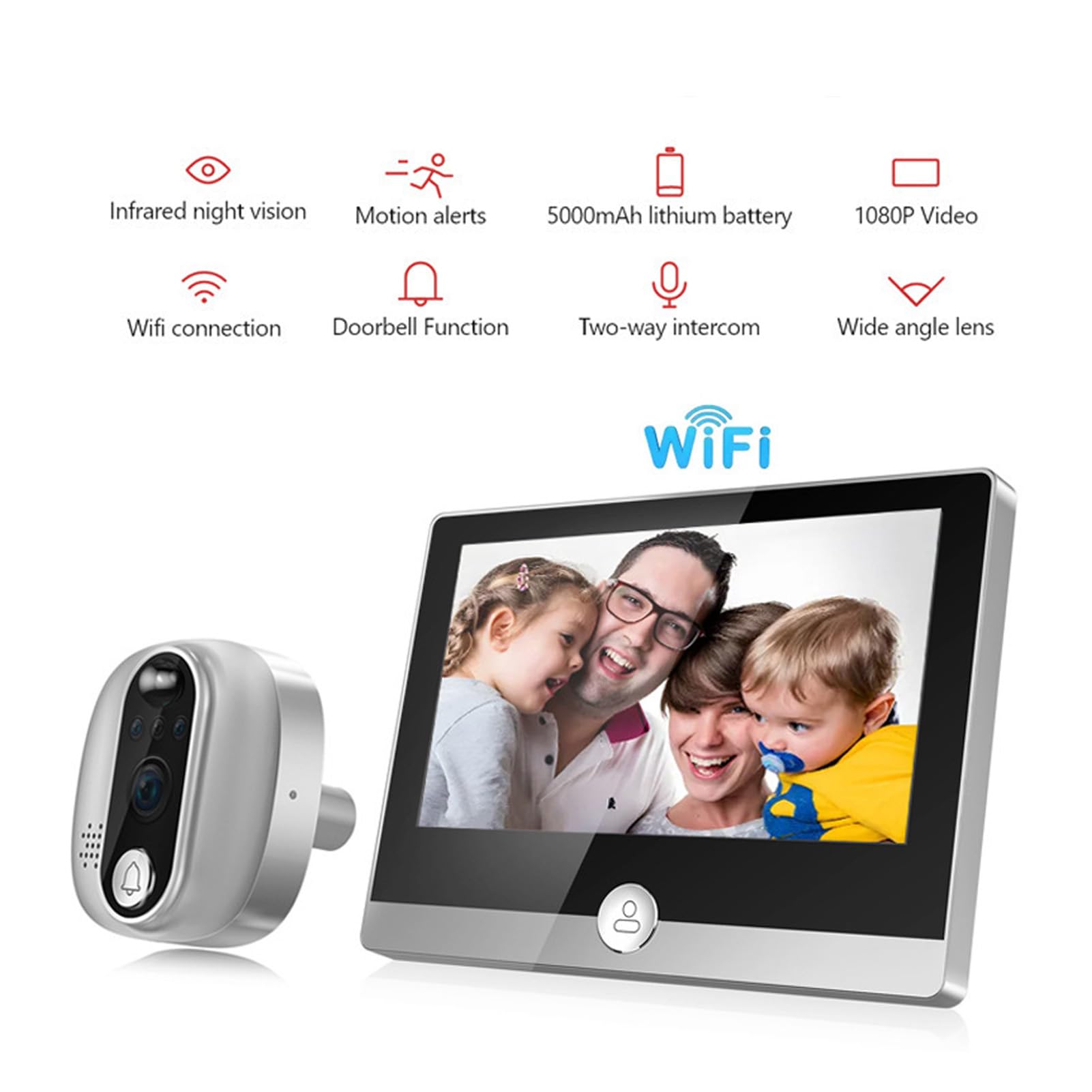 Walfront Visor de Puerta WIFI Cámara de Mirilla Inteligente Detección de Movimiento 1080P LCD en Color de 4,3 Pulgadas Intercomunicador Bidireccional Visión Nocturna Gran Angular