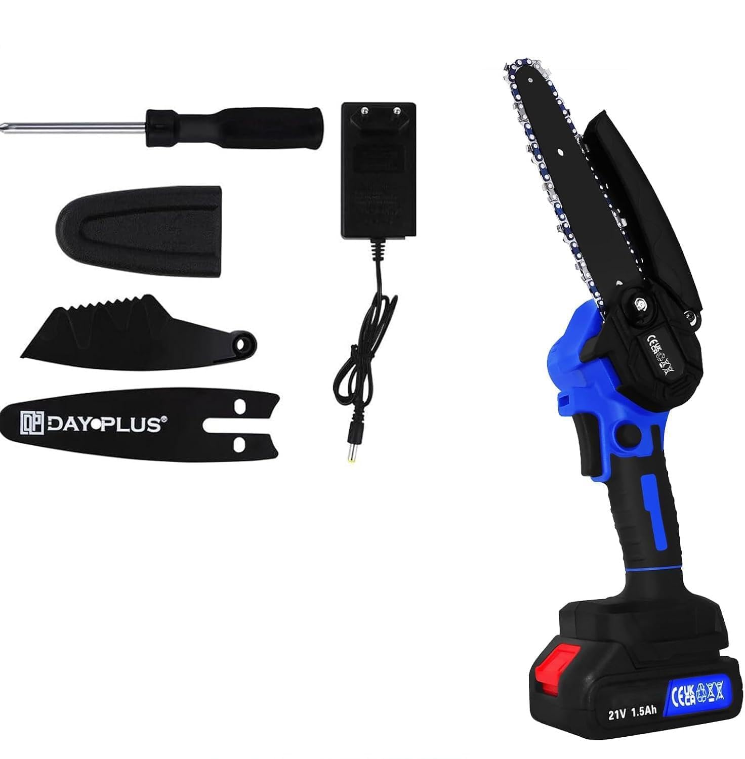 Mini motosierra con batería de 6 pulgadas (15 cm), batería de motosierra con 1 batería de 1,5 Ah, 2 cadenas, 1 placa guía, 2200 spm para trabajos de jardín y madera