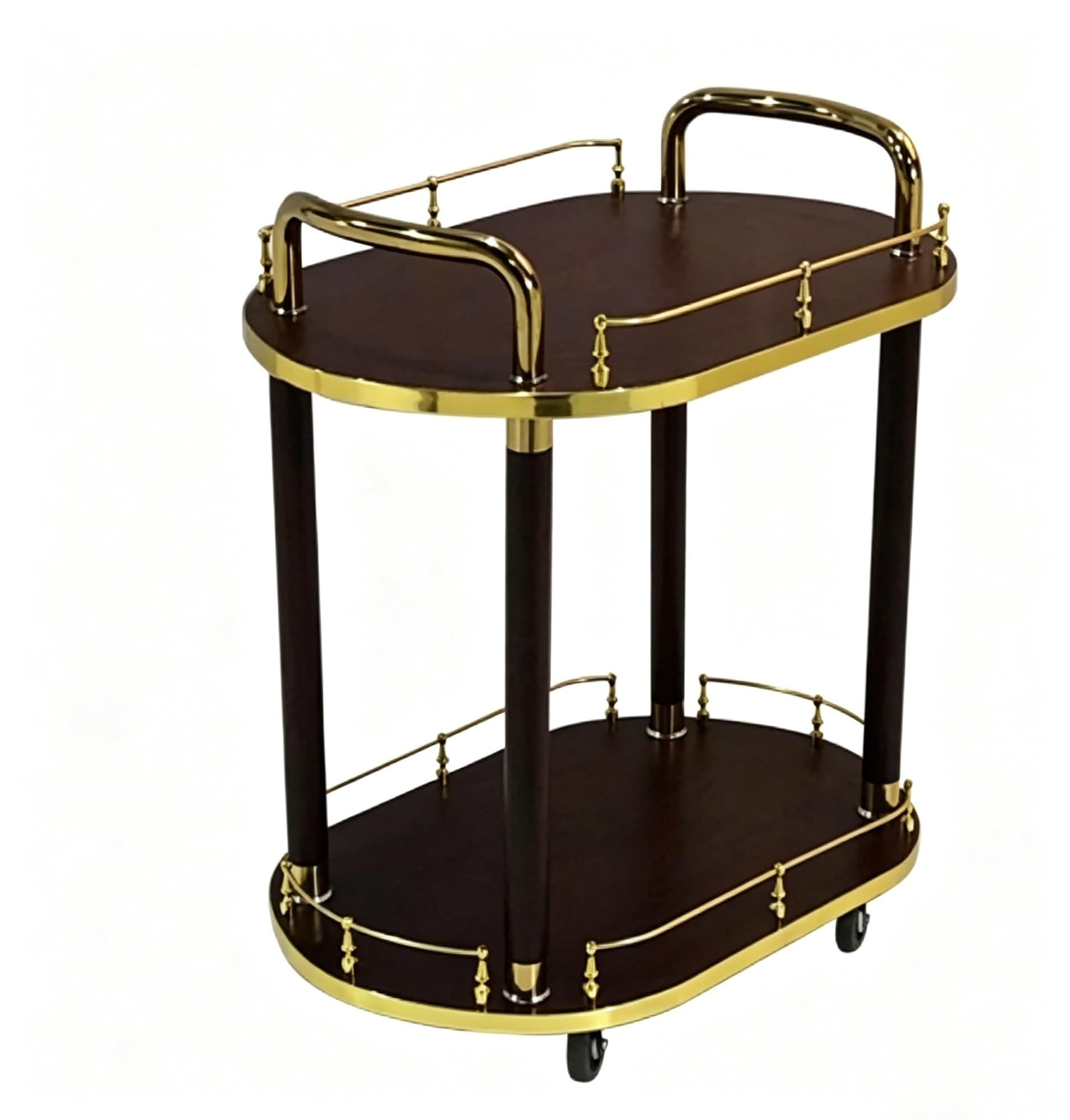 Carrito de Servicio Redondo de Madera, Carrito de Bar Dorado de 2 Niveles con Ruedas, Servicio móvil de Bebidas y Comida para el hogar, Fiestas, hoteles y restaurantes.