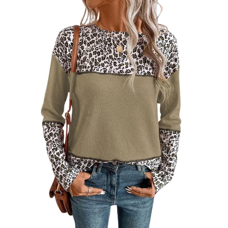 Sweater for Women Printed Waffle Knit Long Sleeve Pullover Crew Neck Winter
