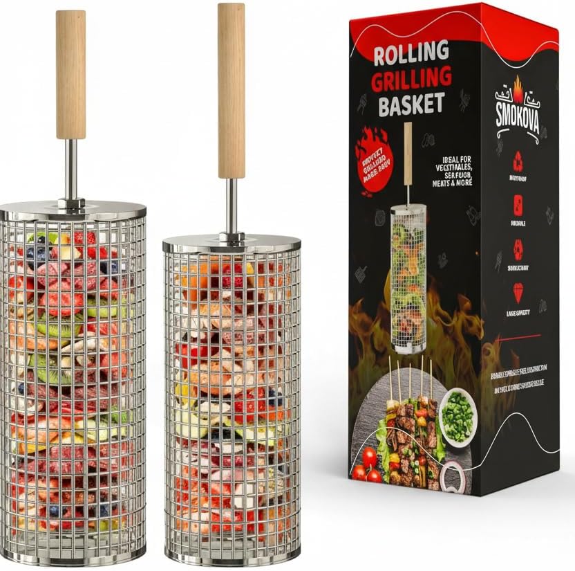 Rolling Grill Basket for Veggies (2 PCS) | 304 Stainless Steel Grill Baskets for Outdoor Grill with Removable Wooden Handle | BBQ Baskets for Grilling | Vegetable Grill Basket
