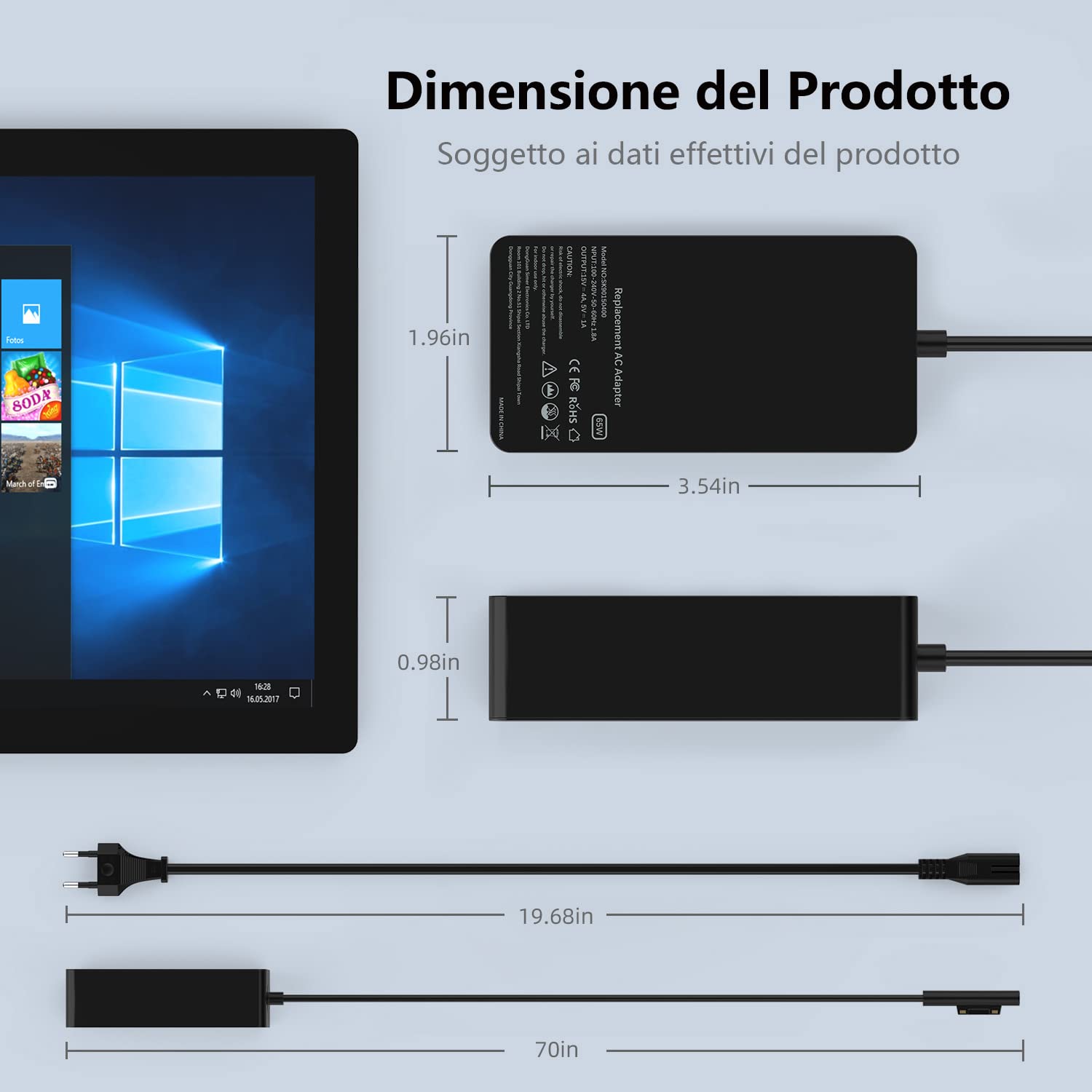 Caricatore Surface Pro 65W 15V 4A Alimentatore per Microsoft Surface Pro 8/7/6/5/4/3/X, Surface Laptop 1/2/3/4, Surface Book 1/2, Surface Go 1/2 Tablet Windows 1796 1800 Caricabatterie con Port USB