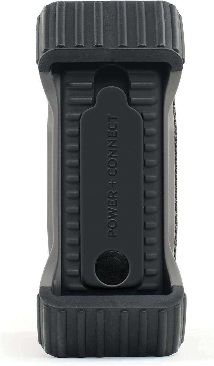 Pohja view of ECOXGEAR EcoEdge Plus speaker showing the sealed port cover labeled 'POWER + CONNECT'.