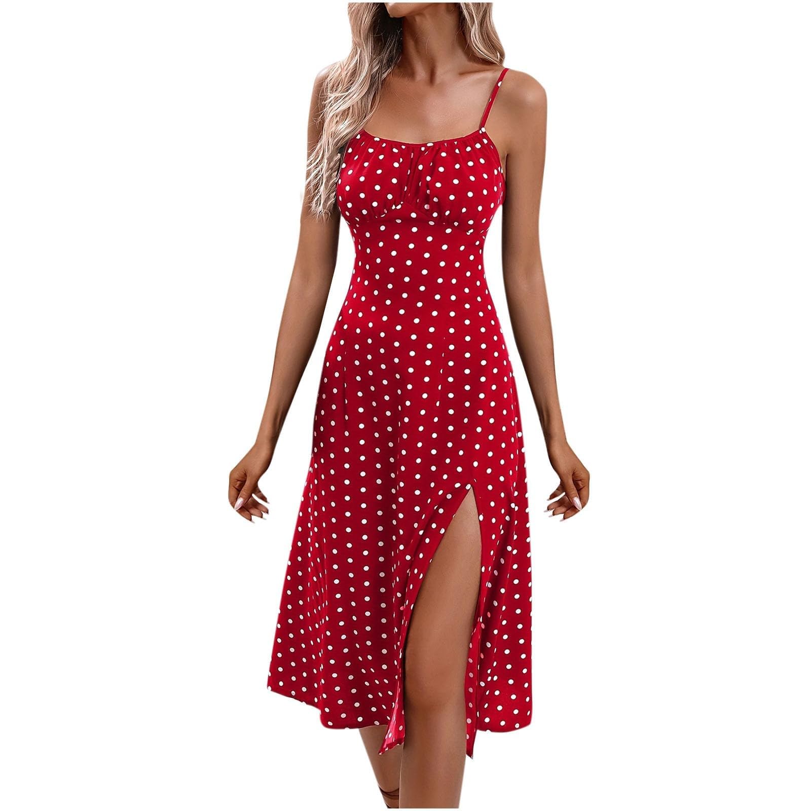 Shusuen Womens Polka Dot Sundresses Summer Spaghetti Strap Dresses Slim Fit Side Slit Midi Dress Sexy A Line Beach Dress