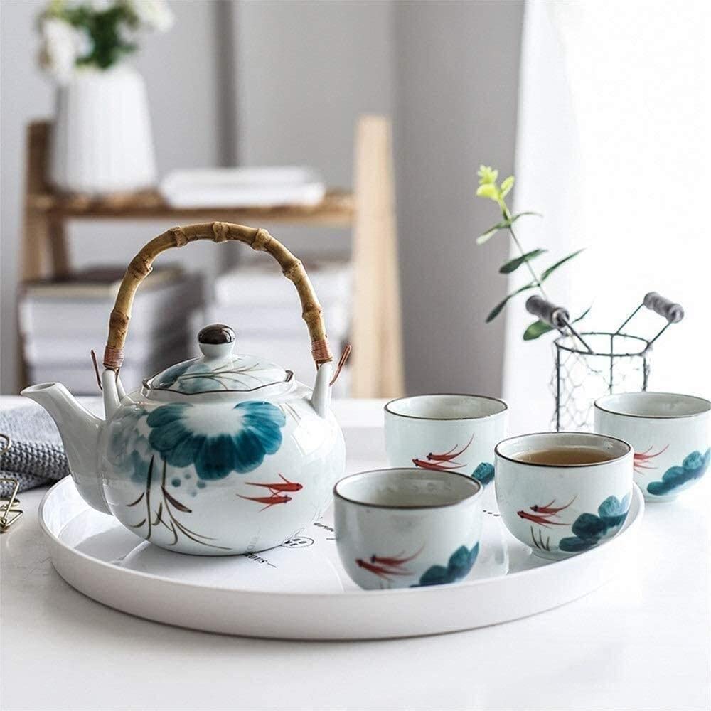 Zestaw Filiżanek Do Herbaty Kawy Ceramiczne Zestawy Do Herbaty Zestaw Filiżanek Do Kawy Złota Rybka Glazura Styl Japoński Czajniczek Z Uchwytem I Zestaw Filiżanek Do Herbaty Usługa Dla 4 Osób Dorosłyc