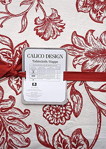 Fabric Tablecloth Jacobean Floral Toile Block Print Pattern Red on Cream/Off-White - 60 Inches by 102 Inches