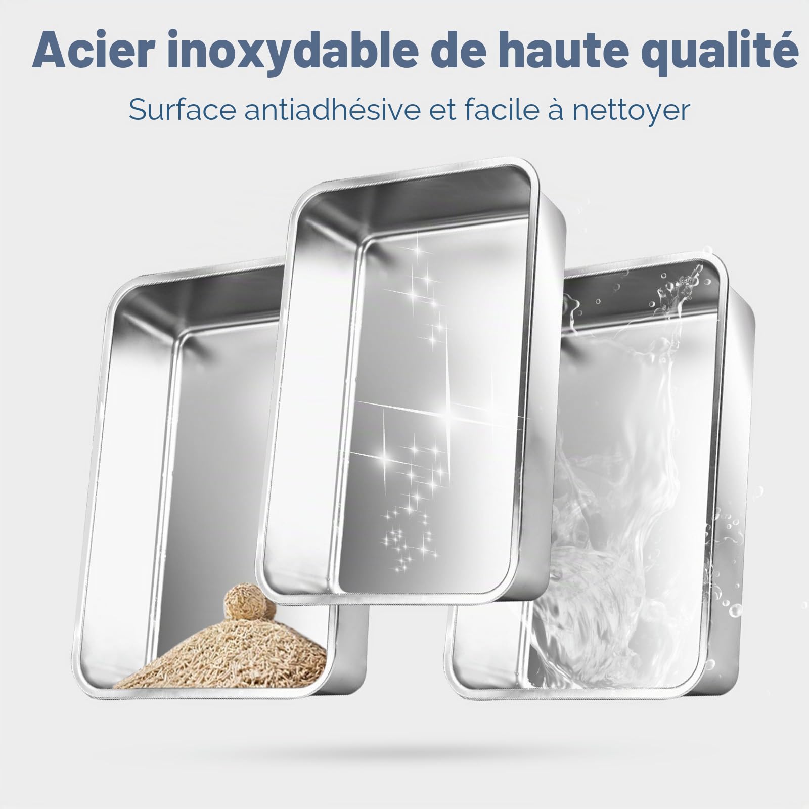 Bac à litière pour Chats en Acier Inoxydable, Lot de 3, 60 x 40 x 20 cm, bac à litière Extra Large en Acier Inoxydable, étanche, antiadhésif et inodore