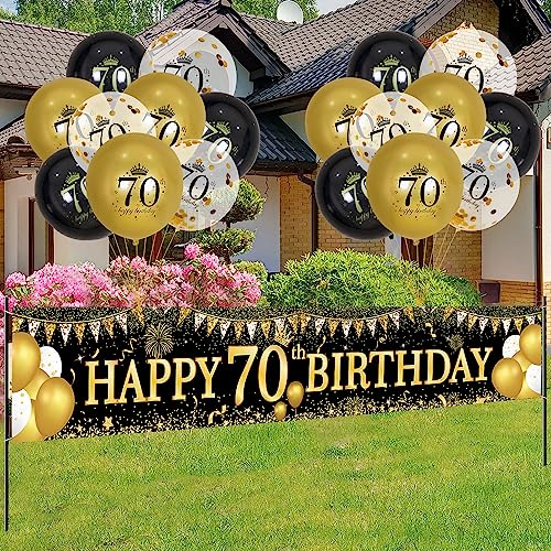Image of 70th Birthday Decorations - Black Gold 70th Birthday Banner & Balloons for Indoor /Outdoor Parties