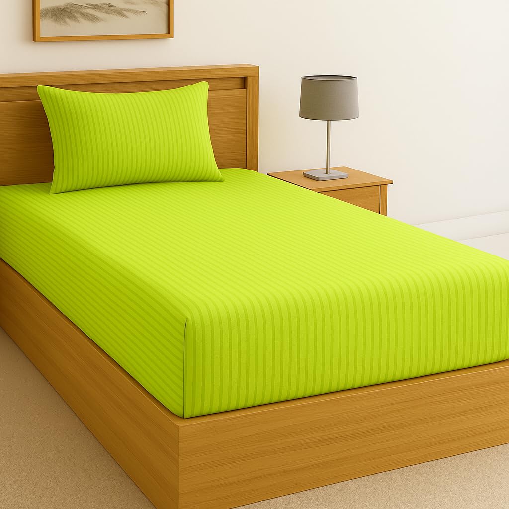bsb home premium 220 cotton feel glace self-stripe single flat bedsheet, lime green pinstripe, ultra-soft fabric, wrinkle & fade resistant, 1 single bedsheet with one pillow cover