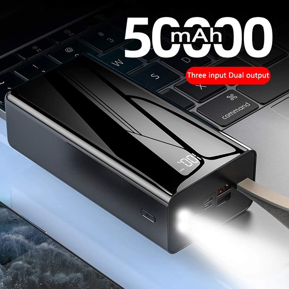 Mobilny powerbank, 50000 mAh przenośne pełne lustro ładowanie, ładowarka USB z podwójną diodą LED i smyczą na klucze, do telefonów komórkowych, smartfonów, kolor czerwony