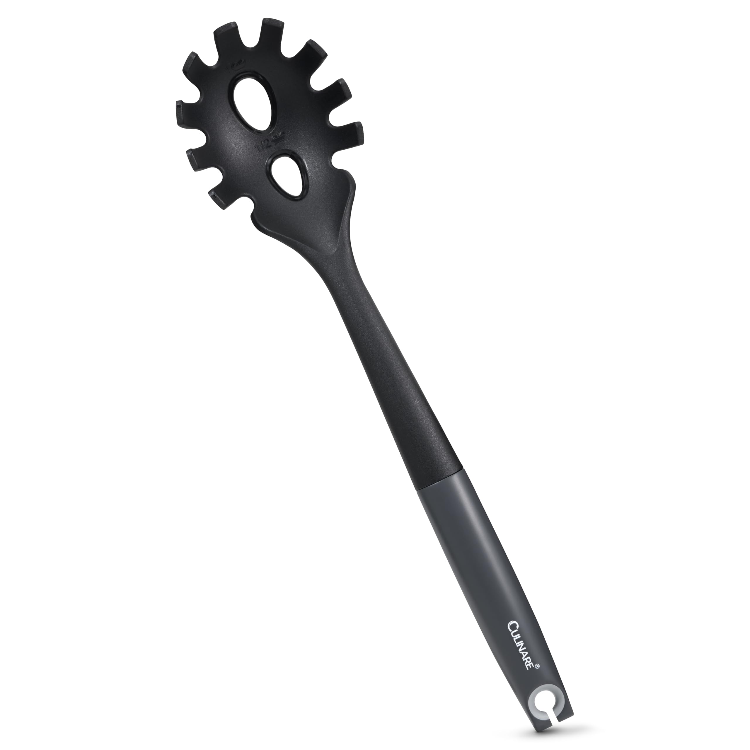 Culinare Grey Spaghetti Spoon With Portion Measure, Heat Resistant Pasta Server Safe For Non Stick Cookware, Dishwasher Safe