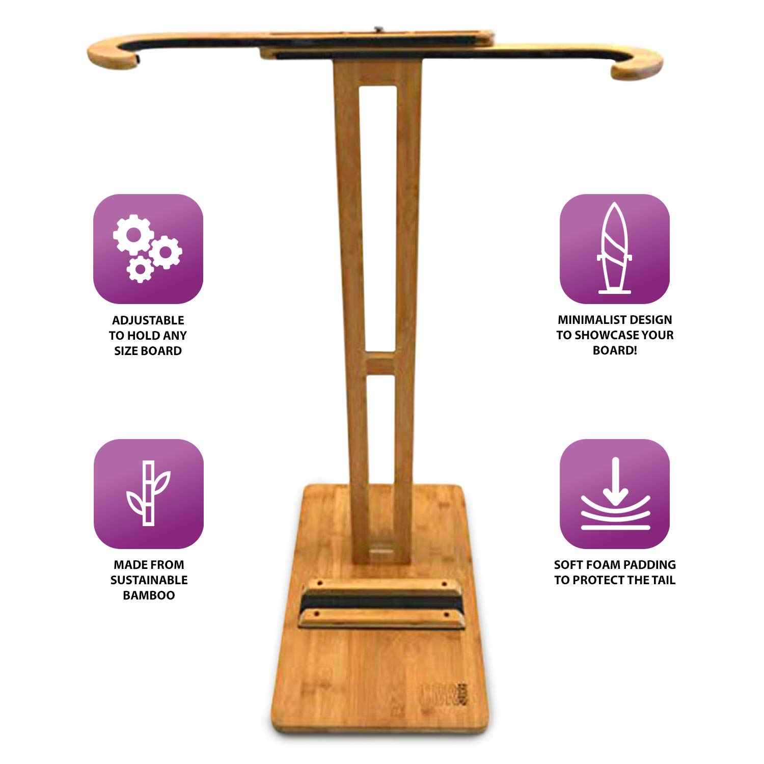 COR Surf Bamboo Surfboard Stand Premium Standing Rack to Display Your
