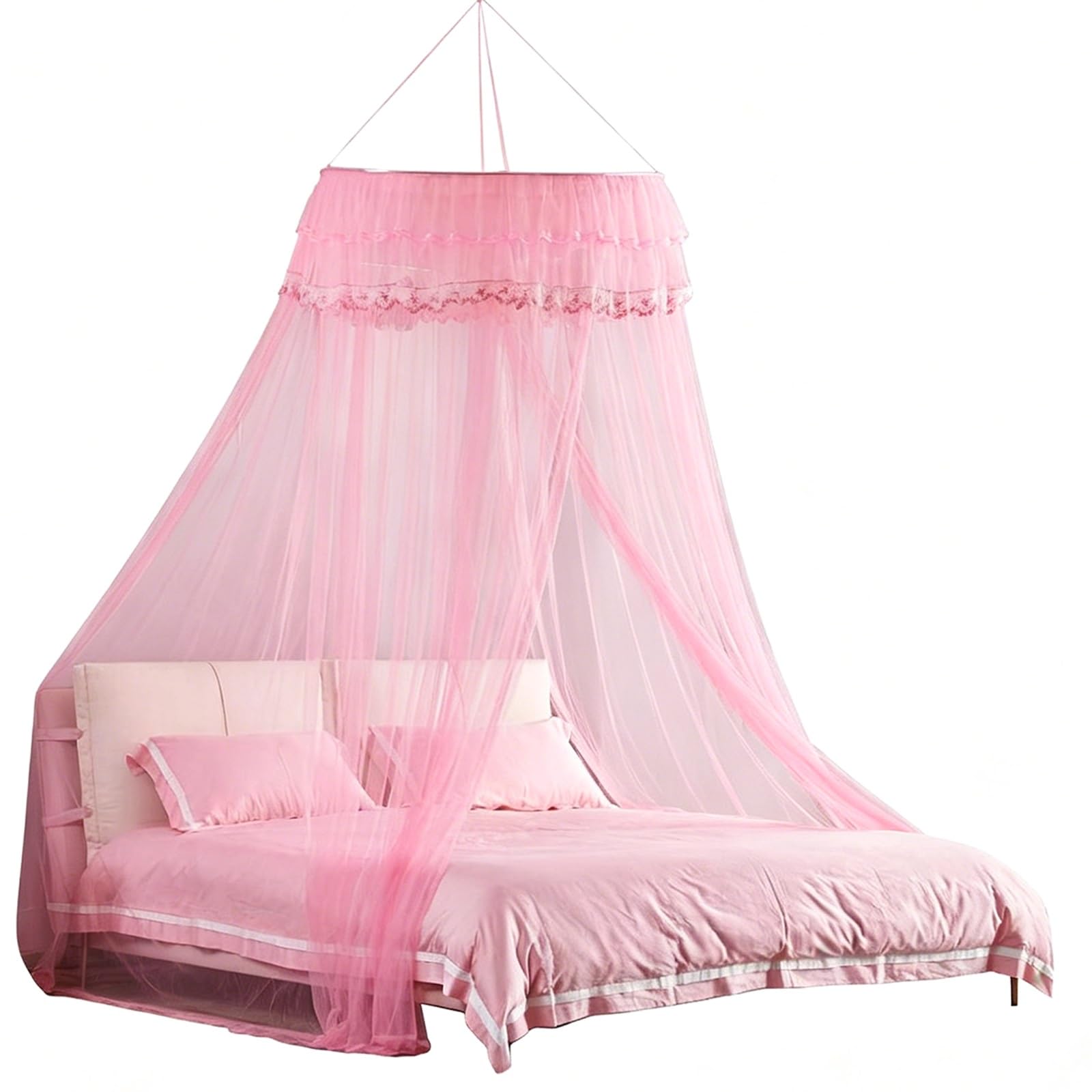 SARKEY Tulle Mesh Round Bed Canopy,Princess Beds Canopys For Girls,Floor-standing Mosquito Net,Cozy Drape Netting,Hanging Reading Nook,Ceiling,for Women Adults Bedroom Decoration(Pink)
