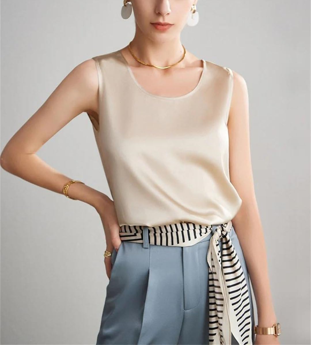 Camiseta básica y acogedora para mujer, cuello redondo, sin mangas, elegante, color liso