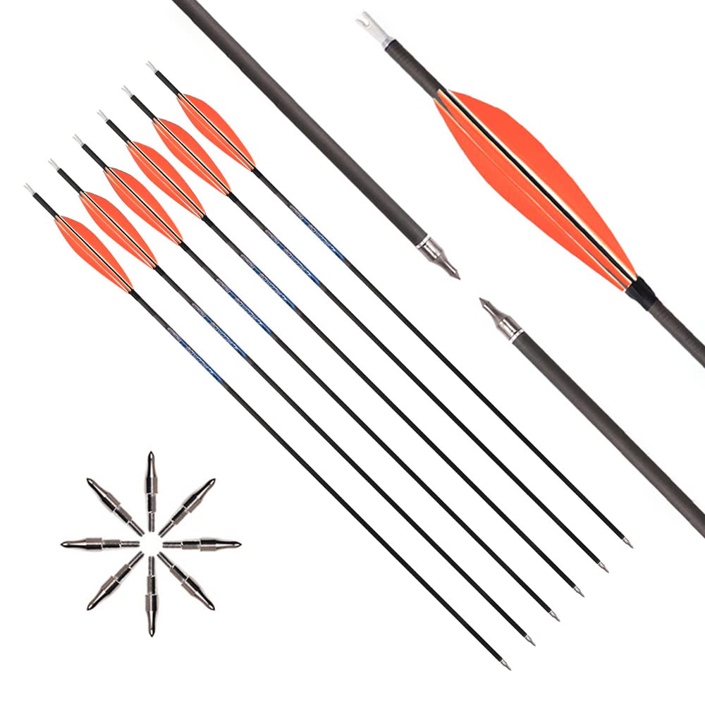 ACCMOS 6pcs ID 6.2 mm Hunting Arrows Spine 250 300 340 400 500 600 700 800 Orange Shuttle Feather Arrow for Recurve Bow Compound Bows Archery