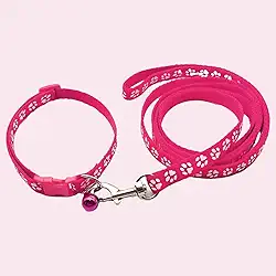 Conjunto de coleira e coleira de cachorro ajustável de nylon para animais de estimação com coleira de 1,2 m, corda de tração confortável para cães e gatos (rosa)